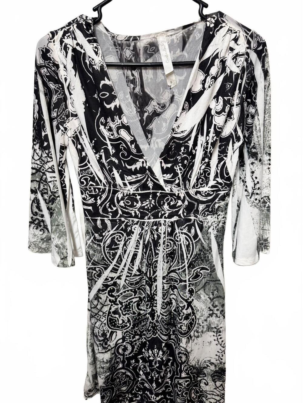 Cristina Love Black White Scroll Print Rhinestone V-Neck Mini Dress S